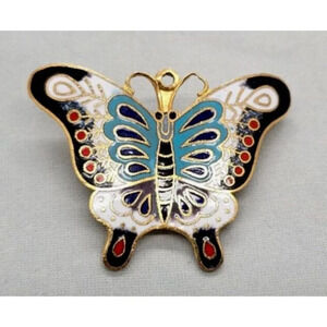 Vintage Cloisonné Enamel Butterfly Pendant Pin Brooch Small Black White Boho MCM